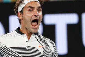 "Career milestone": Roger Federer celebrates his win over Kei Nishikori.