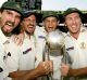 Dizzy heights: Jason Gillespie, Michael Kasprowicz, Adam Gilchrist and Glenn McGrath celebrate their series win in India ...