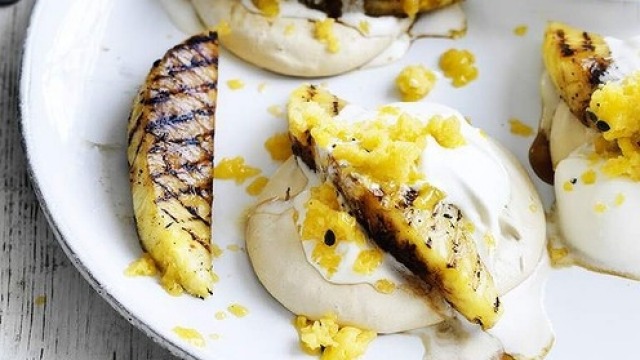 Palm sugar meringue and grilled pineapple with mango-passion fruit granita 