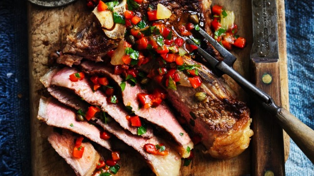 Neil Perry's barbecued t-bone with red pepper and lemon salsa.