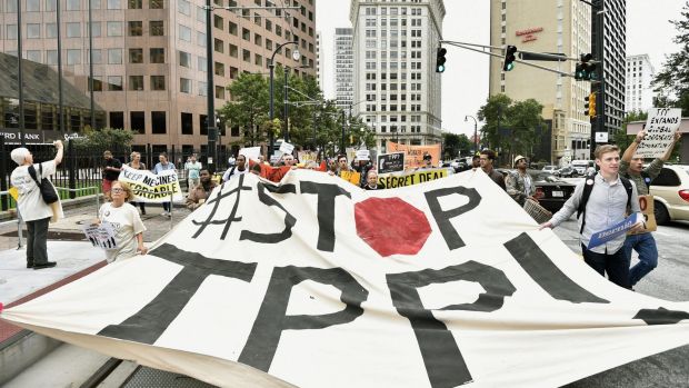 Growing discontent with 'free trade' deals in the US: An anti-TPP protest last year in Atlanta, Georgia.