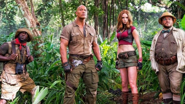 Kevin Hart, Dwayne "The Rock" Johnson, Karen Gillan and Jack Black in the Jumanji remake.