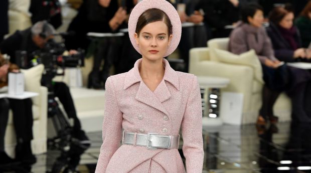 One suit, soft pink and textured with a matching hat, recalling former first lady Jacqueline Kennedy Onassis