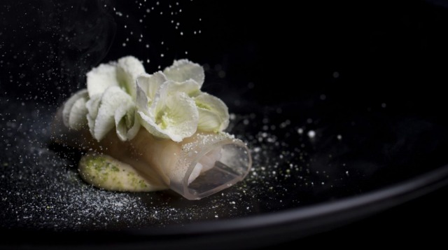 Spanner crab, sake vinegar jelly, brown butter emulsion, pea flower and horseradish served at Sepia.