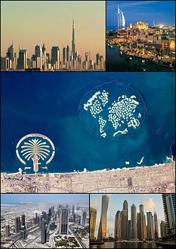 Clockwise from top left: skyline with Burj Khalifa; Burj Al Arab; satellite image showing Palm Jumeirah and The World Islands; the Dubai Marina; and Sheik Zayed Road.