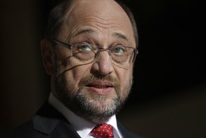 Martin Schulz, designated chairman of the German Social Democratic Party, SPD, addresses the media during a press conference in Berlin, Germany, Tuesday, Jan. 24, 2017.