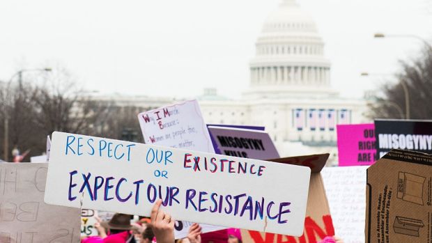 A view of demonstrators marching on Pennsylvania Avenue during the Women's March on Washington.