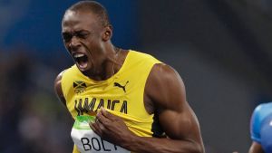 Usain Bolt celebrates winning the gold medal in the men's 200 metre final in Rio.