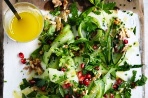 Pete Evans' paleo-friendly shaved cucumber and pomegranate salad with toasted walnuts.