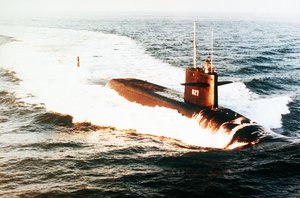 File - A starboard bow view of the nuclear-powered ballistic missile submarine USS James Madison at sea.