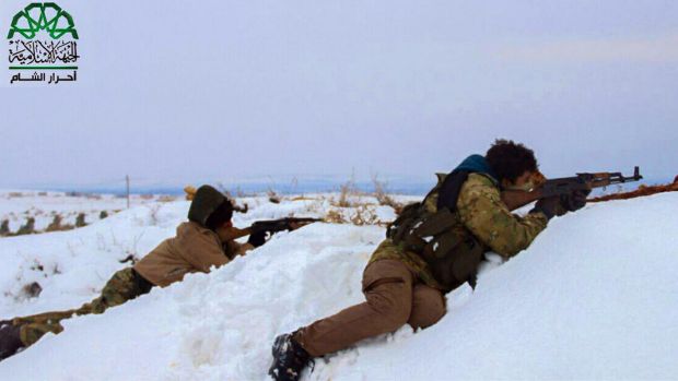 Islamist Syrian militant group Ahrar al-Sham fighters holding positions in the countryside around the northern Syrian ...