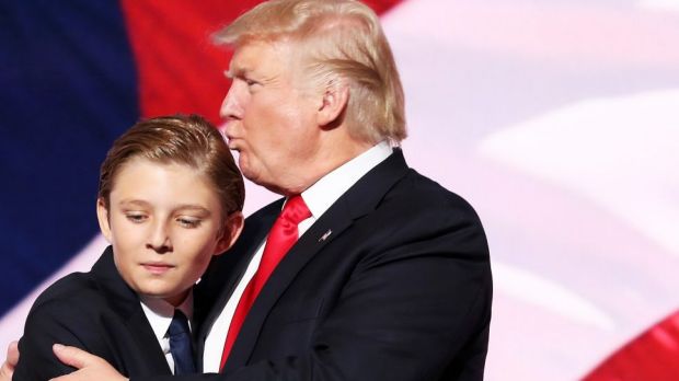 Donald Trump embraces his son Barron Trump after he delivered his speech on the fourth day of the Republican National ...
