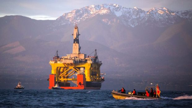 A semi-submersible drilling unit arrives in Port Angeles, Washington.