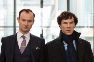 Mycroft Holmes (Mark Gatiss) and Sherlock Holmes (Benedict Cumberbatch) in Sherlock season 4.