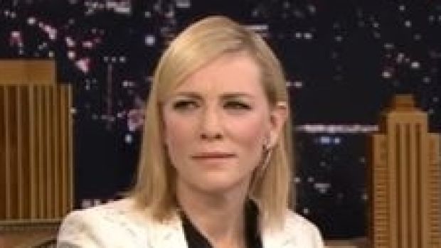 Cate Blanchett appearing on <em>The Tonight Show with Jimmy Fallon</em>.