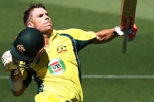 ADELAIDE, AUSTRALIA - JANUARY 26: David Warner of Australia celebrates after reaching 100 runs during game five of the ...