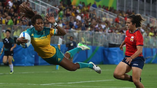 Flying high: Ellia Green scores for the Pearls at the Rio Olympics.
