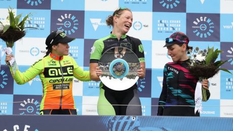 Kirsten WIld, centre, on the podium with Australian Chloe Hosking (left) and Germany's Lisa Brennauer on Thursday.