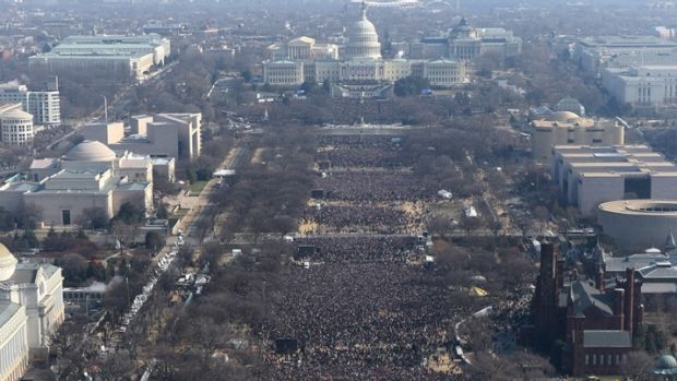 A view of the crowd on the National Mall at the inauguration of President Barack Obama from the top of the Washington ...