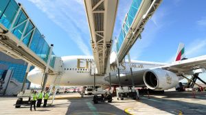 A handout picture released by Emirates Airlines shows an Emirates Airbus A380 before its departure from Dubai airport on ...