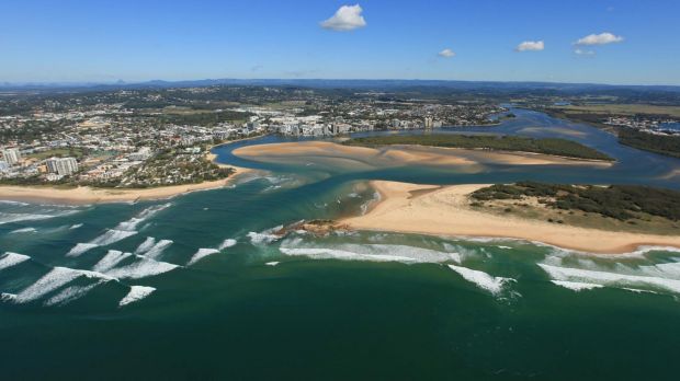 Tackling erosion - mouth of the Maroochy River showing Cotton Tree camping areas on the Sunshine Coast.