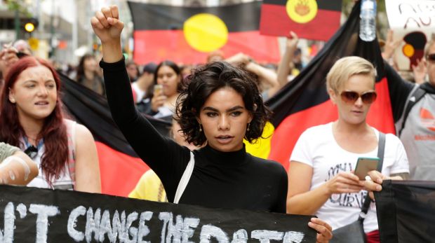 A woman taking part in the Invasion Day Melbourne rally.