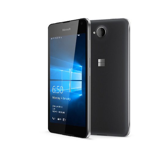 Two black Lumia 650 phones with one facing backward and the other facing forward with Windows 10 lock screen 
