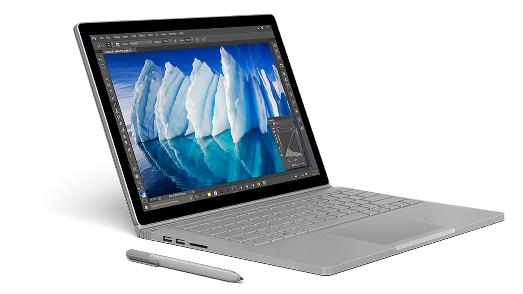 The new Surface book with performance base sitting open with Surface pen