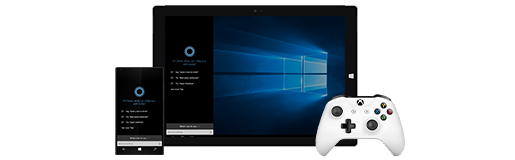 Image of the latest Windows 10 API for Cortana and other tooling running across UWP devices, including a Surface, Xbox, and Phone