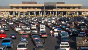 Cars lined up to pass into America from Tijuana, Mexico.