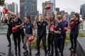 The top eight selections in the first AFL women's draft celebrate in Melbourne on Wednesday.