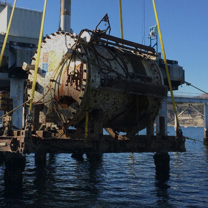 An underwater server pod being hosted out of the water