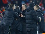 Shane Long is mobbed by his Southampton team-mates after scoring the only goal of the game against Liverpool