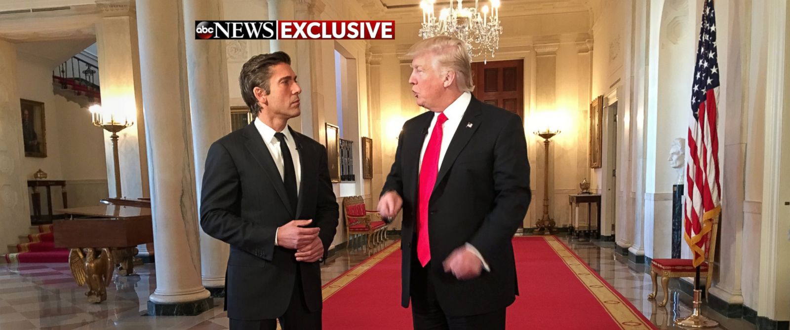 PHOTO: President Donald Trump shows ABCs David Muir around the White House following his first interview as president, Jan. 25, 2017. 