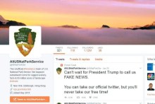 The Alt US National Park Service Twitter account has a pinned Tweet reading: can't wait for President Trump to call us FAKE NEWS