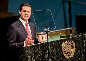 Enrique Pena Nieto, President of the United Mexican States, addresses the U.N. special session on global drug policy, Tuesday April 19, 2016 at UN. headquarters.