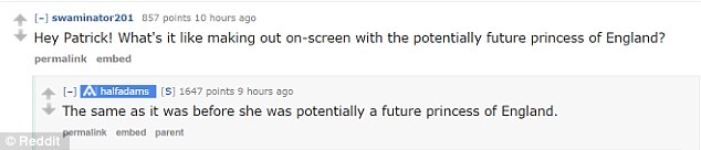 Patrick took to Reddit on Wednesday to take part in a Q&A with fans, and while some wanted to know about the show, talk soon turned to the romance between Harry and Meghan