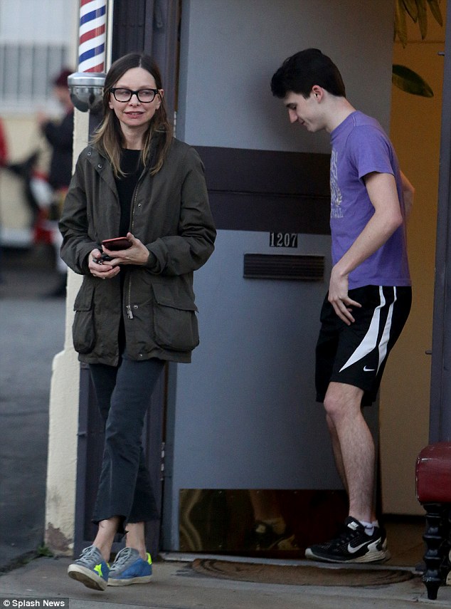 Bonding time: Calista Flockhart and her son Liam were spotted leaving a barber shop in Los Angeles on Wednesday