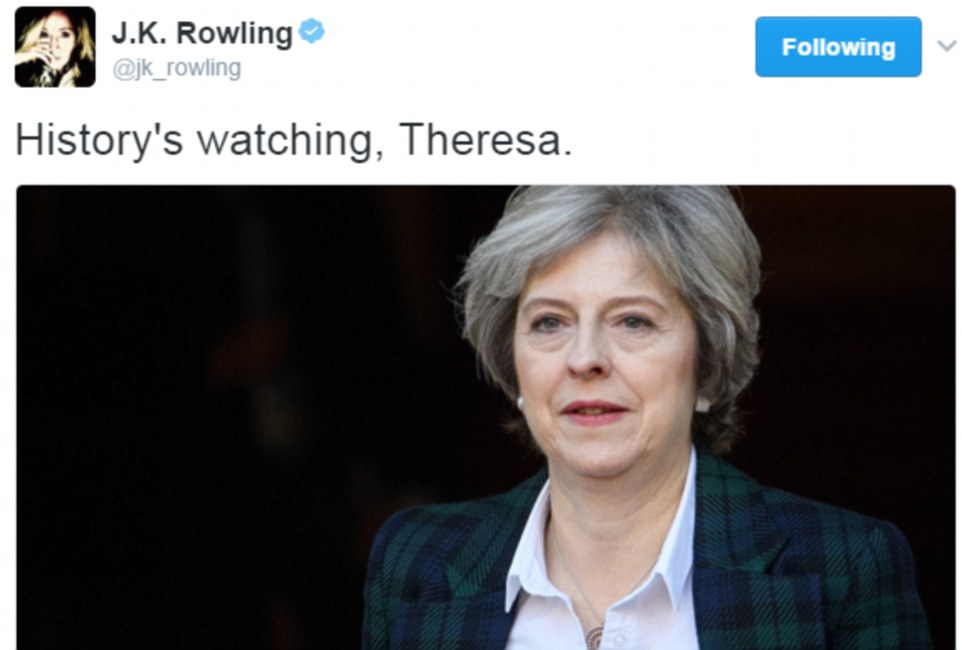 Labour's former leader Ed Miliband and senior Tory MP Sarah Wollaston were among those urging Mrs May to keep her distance. Harry Potter author J.K. Rowling tweeted simply: 'History's watching, Theresa'