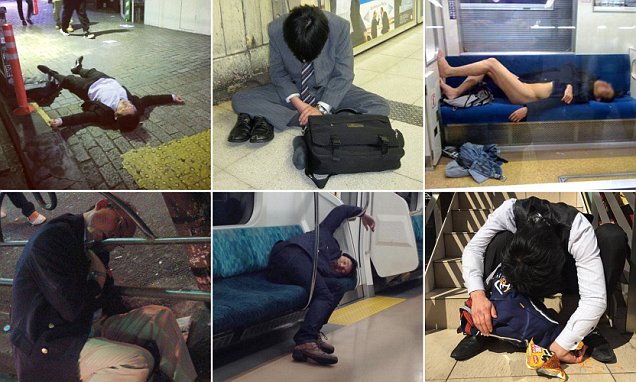 Drunk Japanese businessmen caught legless on metro