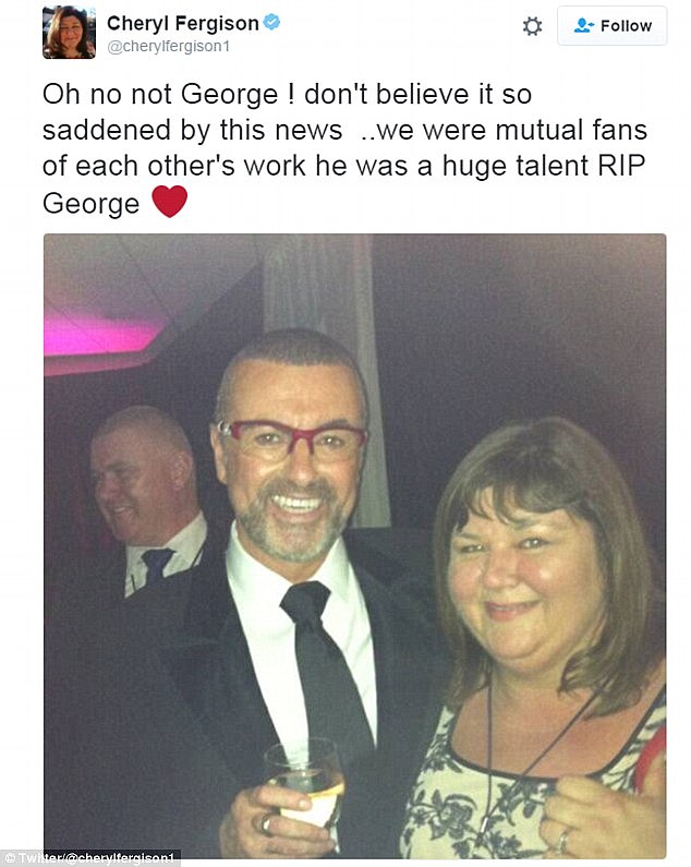 Superfan: Cheryl paid tribute to George Michael following his death with this picture of them - she said: 'He used to send presents, writing: "To a fan, from a fan, love George".'