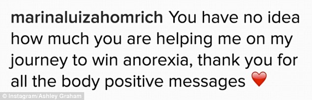 Recovery: Marina Luiza Schulz Homrich told Ashley that her constant promotion of self-love is helping her overcome an eating disorder.