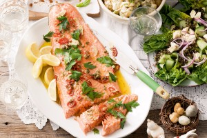 Barbecued ocean trout with garlic and parsley dressing