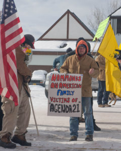 Sign during the January 2, 2016 march in Burns, OR, claims that the Hammond family are allegedly victims of the Agenda 21 conspiracy. Photo: Jason Wilson.