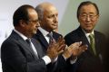 French President Francois Hollande, left, French Foreign Minister Laurent Fabius and UN Secretary-General Ban Ki-moon at ...