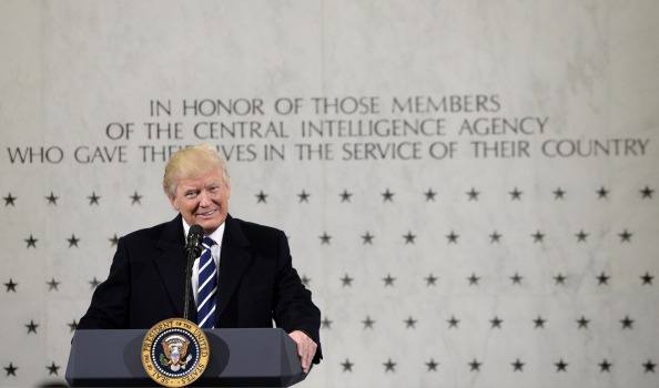 US President Donald Trump smiles while speaking at the CIA Headquarters in Langley, Virginia, on Saturday, January 21, 2017. 