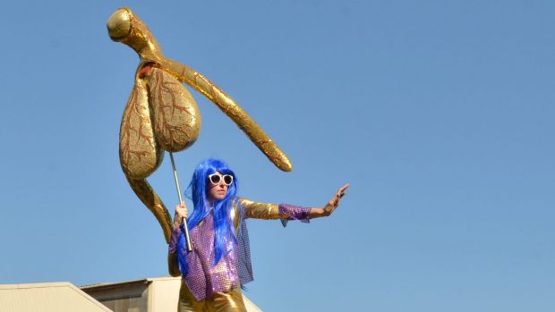 Sydney artist Alli Sebastian Wolf with her 'Glitoris', a 100:1 model of a clitoris exhibiting at The Bearded Tit in Redfern.