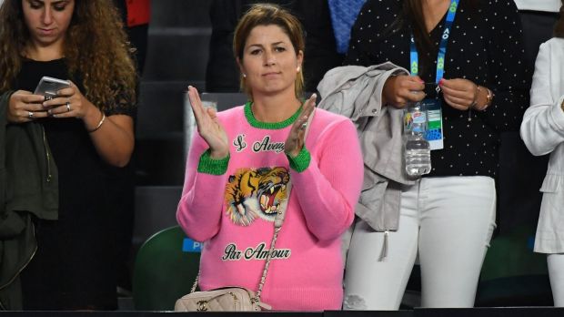 Mirka Federer watches the semi-final match between Roger Federer of Switzerland and Stan Wawrinka of Switzerland.