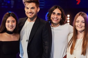 <i>X Factor Australia</i> 2016 finalists Natalie Ong, Isaiah Firebrace and Amalia Foy with judge Adam Lambert.