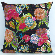 24" Large Black Indian Floral Kantha Cotton Throw Pillow Cushion Case - Scatter Cushions